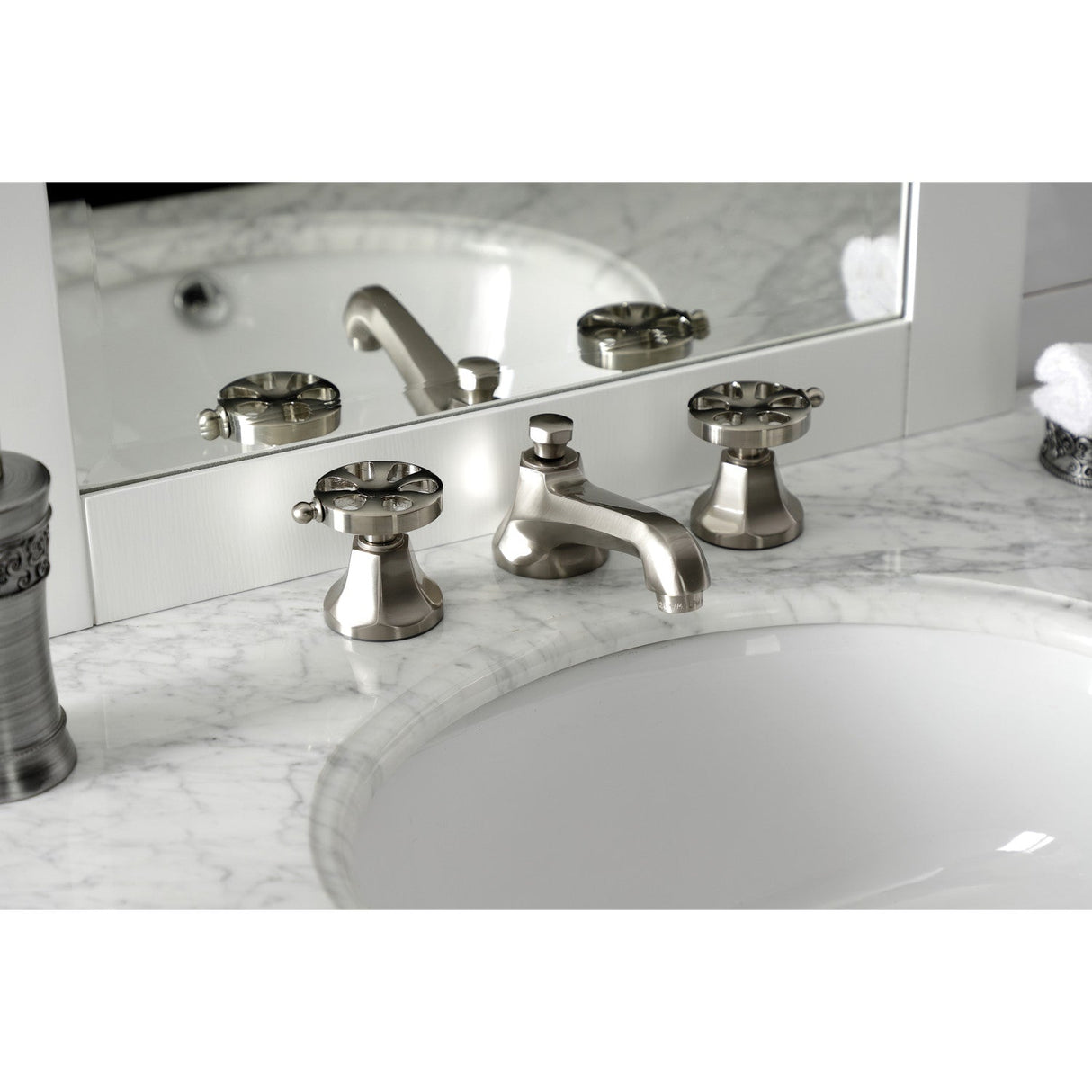 Belknap KS4468RX Two-Handle 3-Hole Deck Mount Widespread Bathroom Faucet with Brass Pop-Up, Brushed Nickel