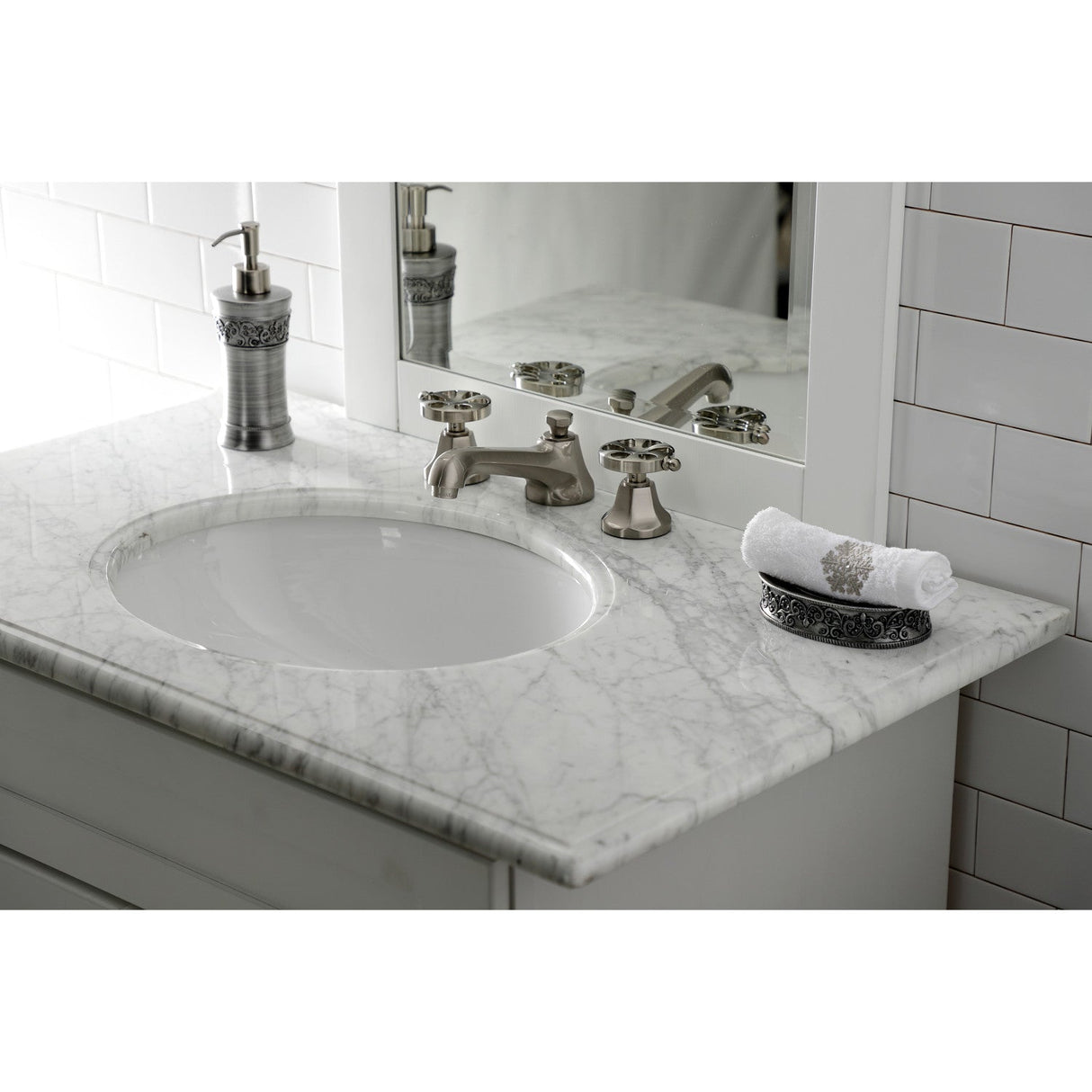 Belknap KS4468RX Two-Handle 3-Hole Deck Mount Widespread Bathroom Faucet with Brass Pop-Up, Brushed Nickel