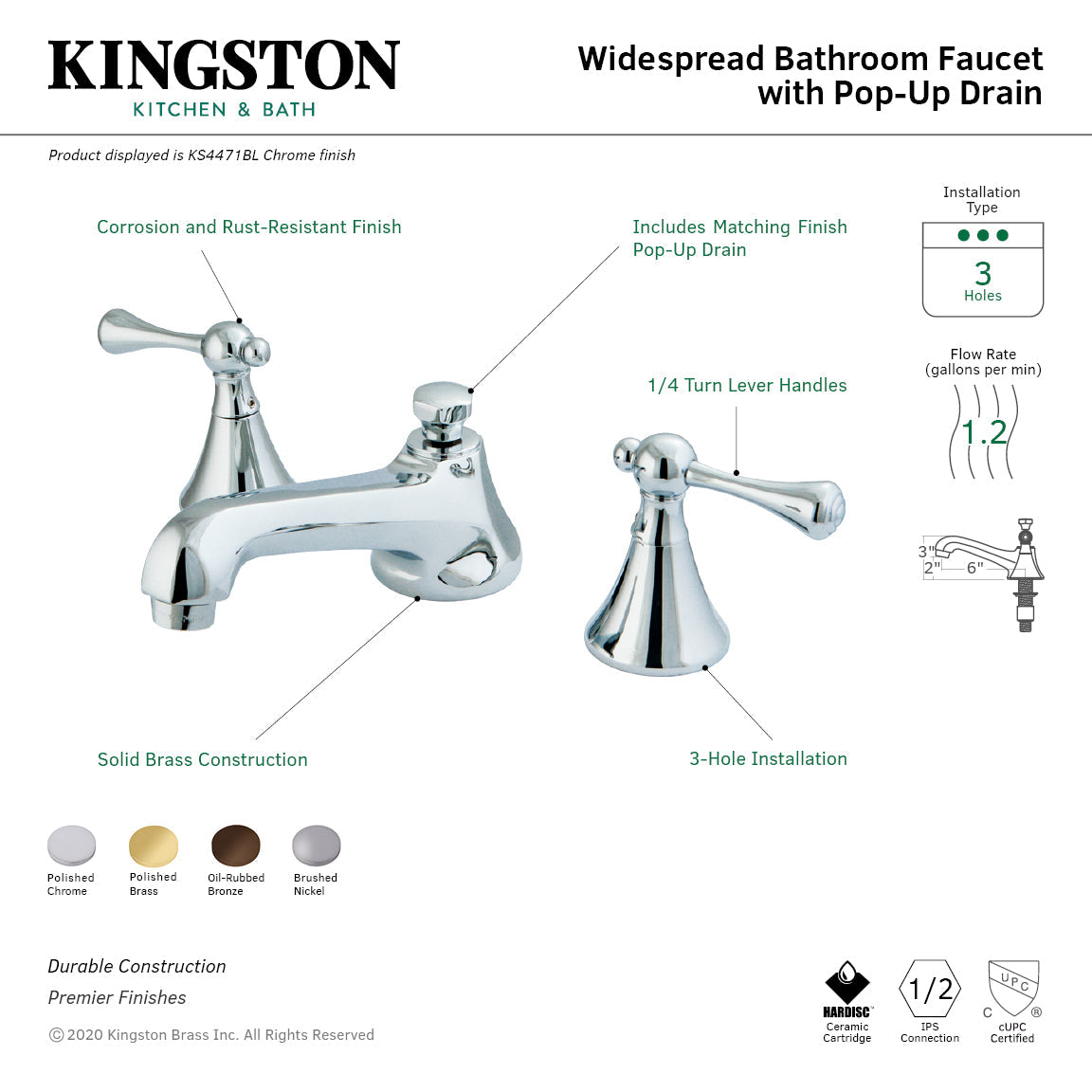 KS4471BL Two-Handle 3-Hole Deck Mount Widespread Bathroom Faucet with Brass Pop-Up, Polished Chrome