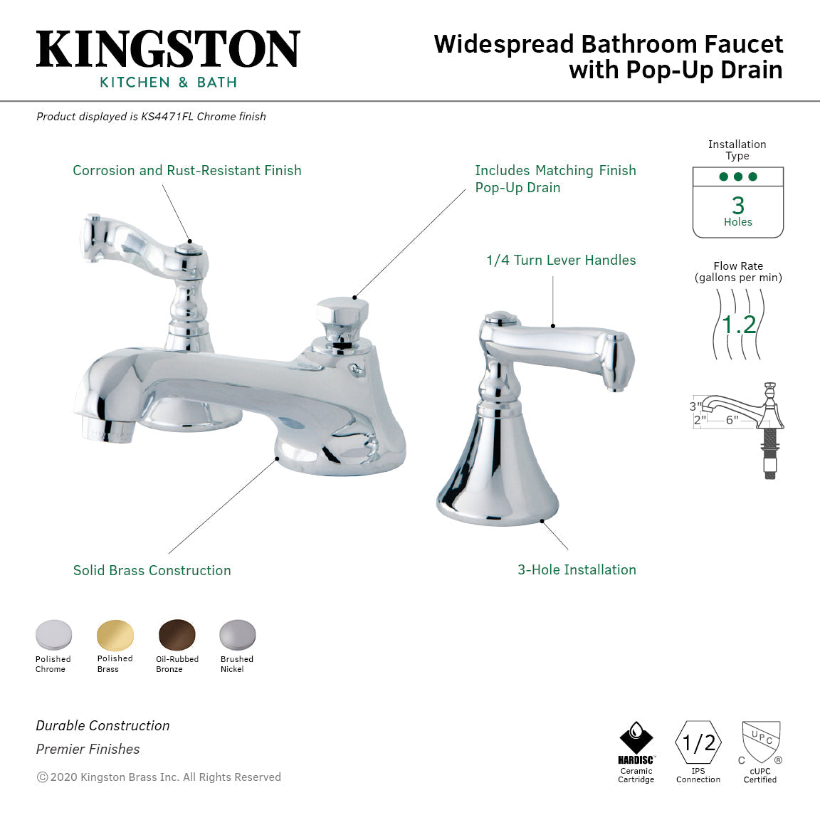 KS4471FL Two-Handle 3-Hole Deck Mount Widespread Bathroom Faucet with Brass Pop-Up, Polished Chrome