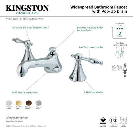 Naples KS4471NL Two-Handle 3-Hole Deck Mount Widespread Bathroom Faucet with Brass Pop-Up, Polished Chrome