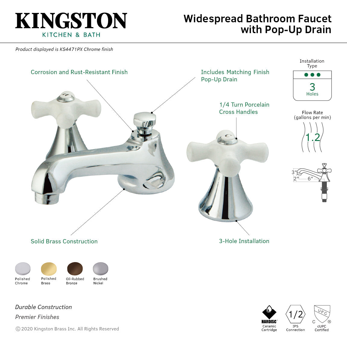 KS4475PX Two-Handle 3-Hole Deck Mount Widespread Bathroom Faucet with Brass Pop-Up, Oil Rubbed Bronze