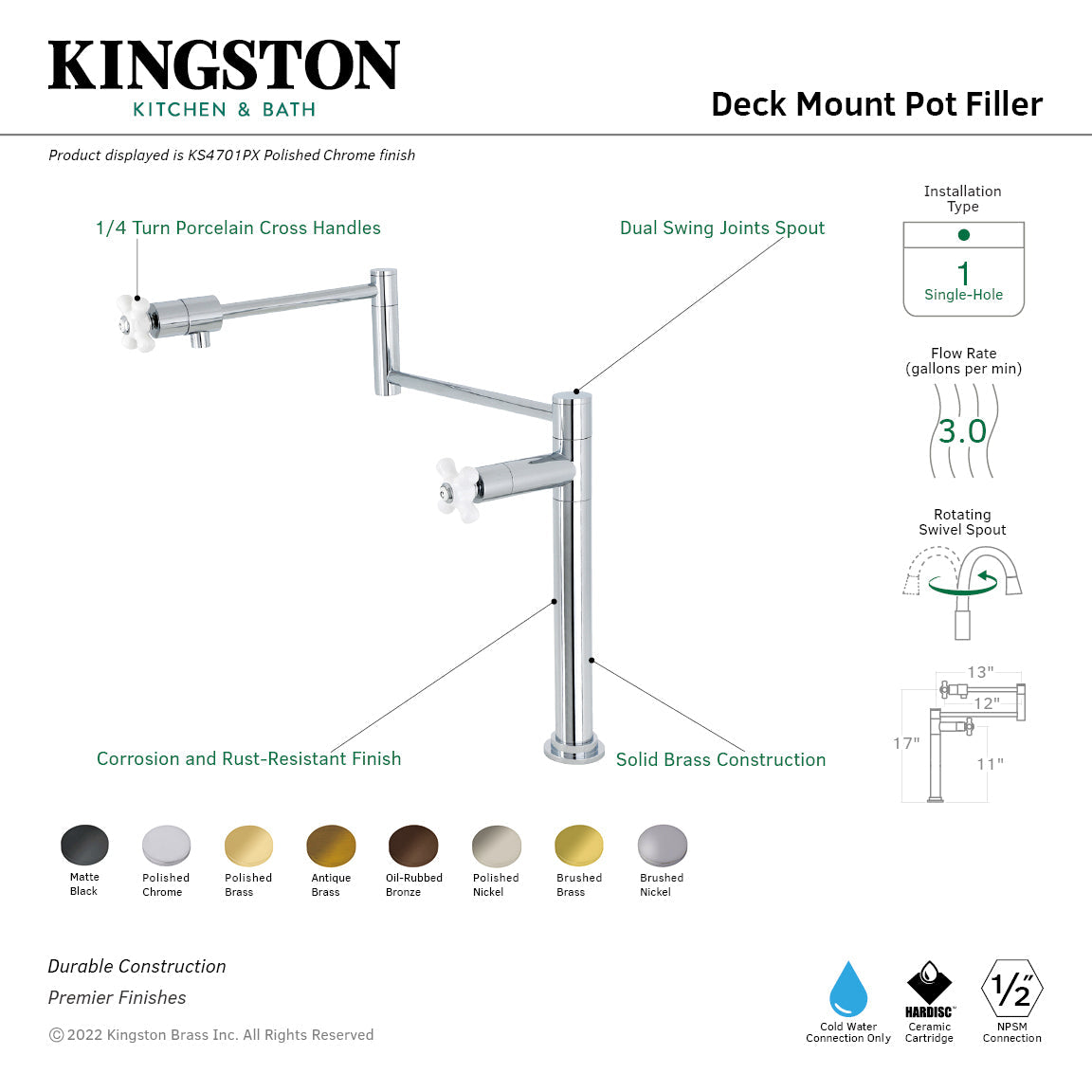 Metropolitan KS4701PX Single-Hole Deck Mount Pot Filler, Polished Chrome