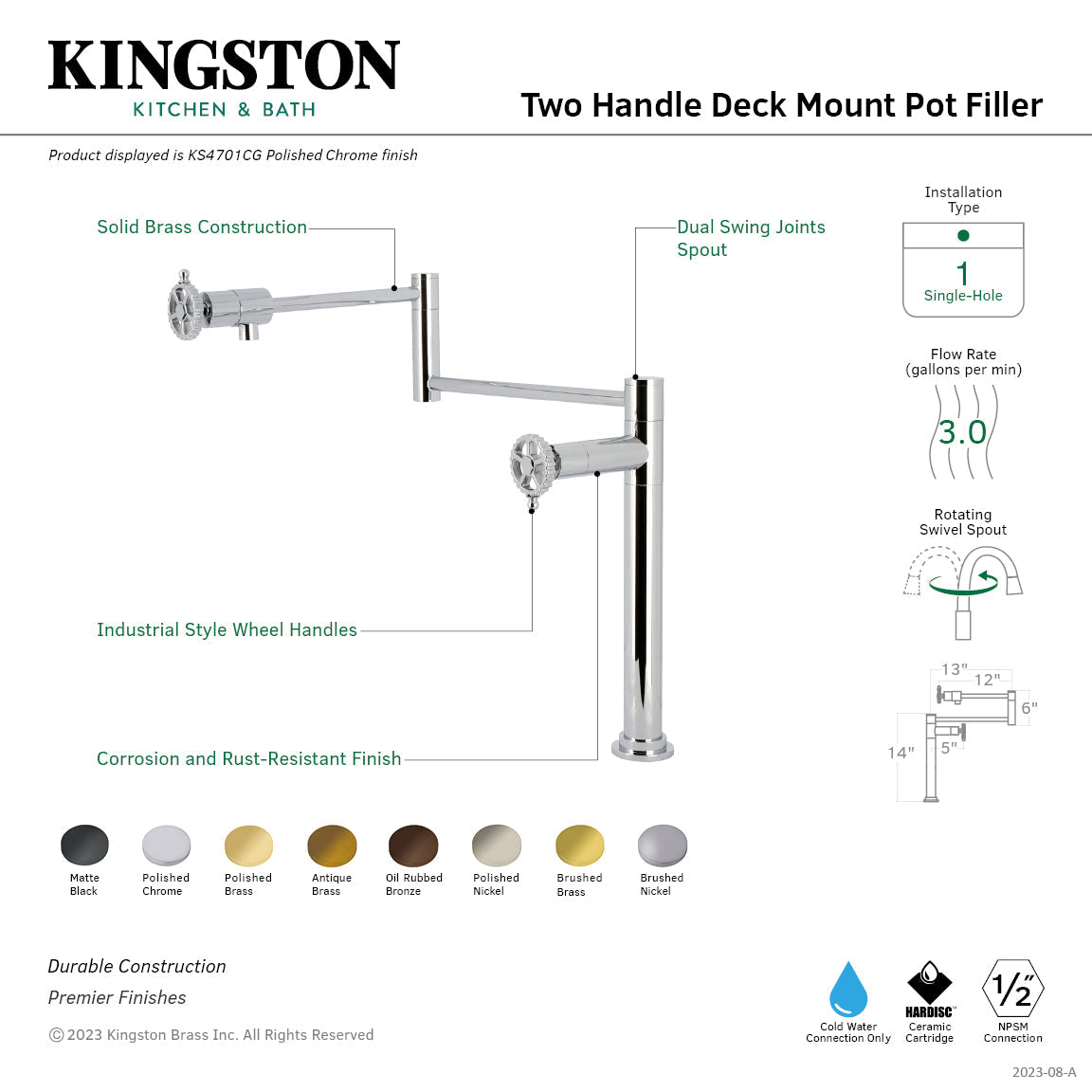 Fuller KS4702CG Two-Handle Deck Mount Pot Filler, Polished Brass