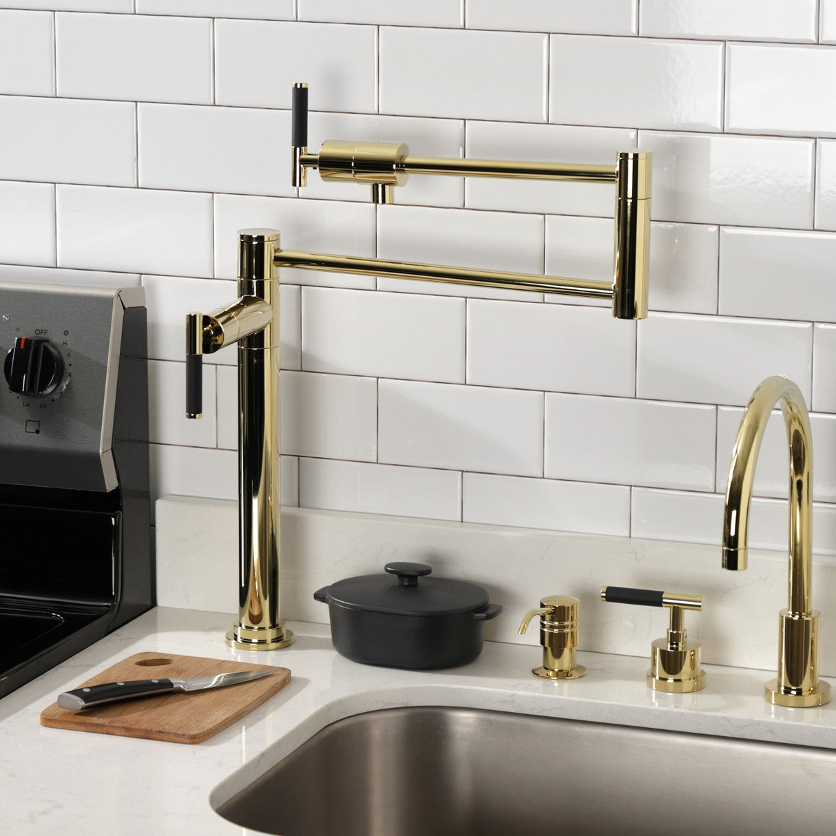 Kaiser KS4702CKL Single-Hole Deck Mount Pot Filler, Polished Brass