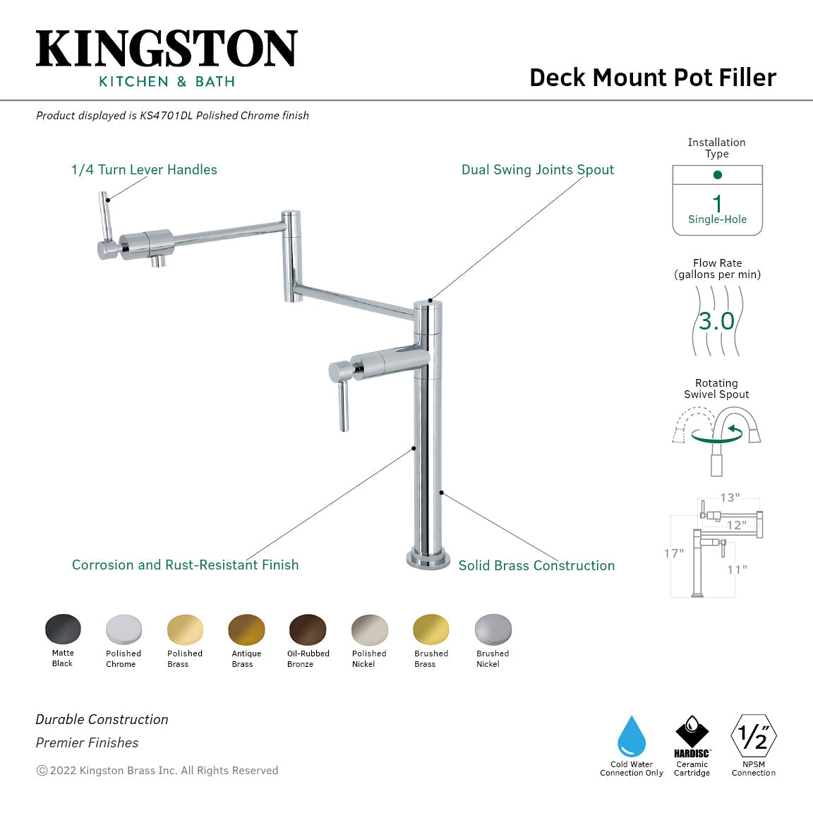 Concord KS4702DL Single-Hole Deck Mount Pot Filler, Polished Brass