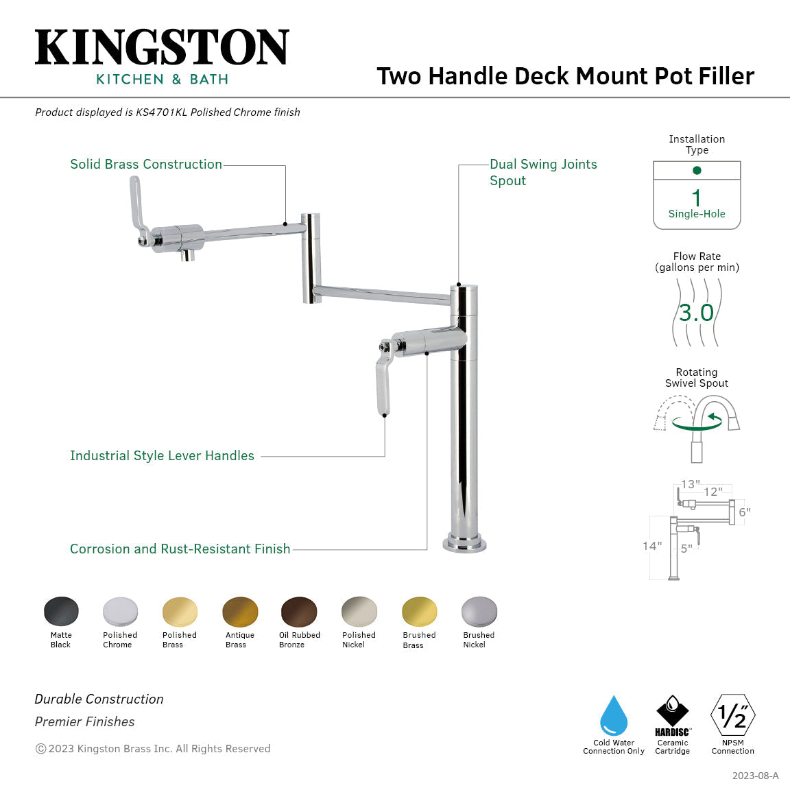 Whitaker KS4702KL Two-Handle Deck Mount Pot Filler, Polished Brass