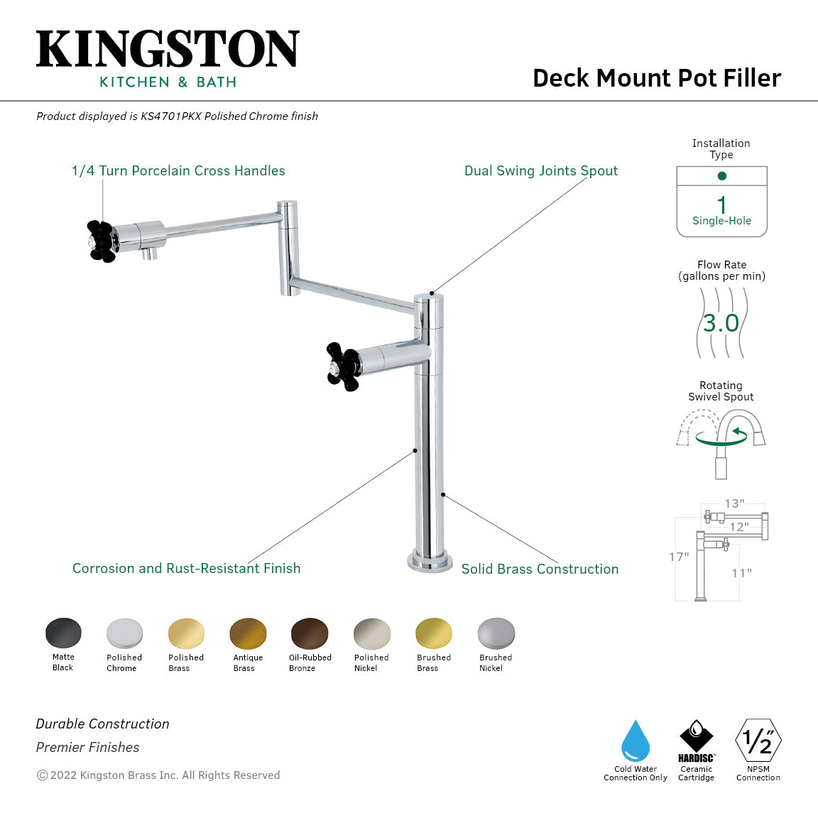 Duchess KS4702PKX Single-Hole Deck Mount Pot Filler, Polished Brass