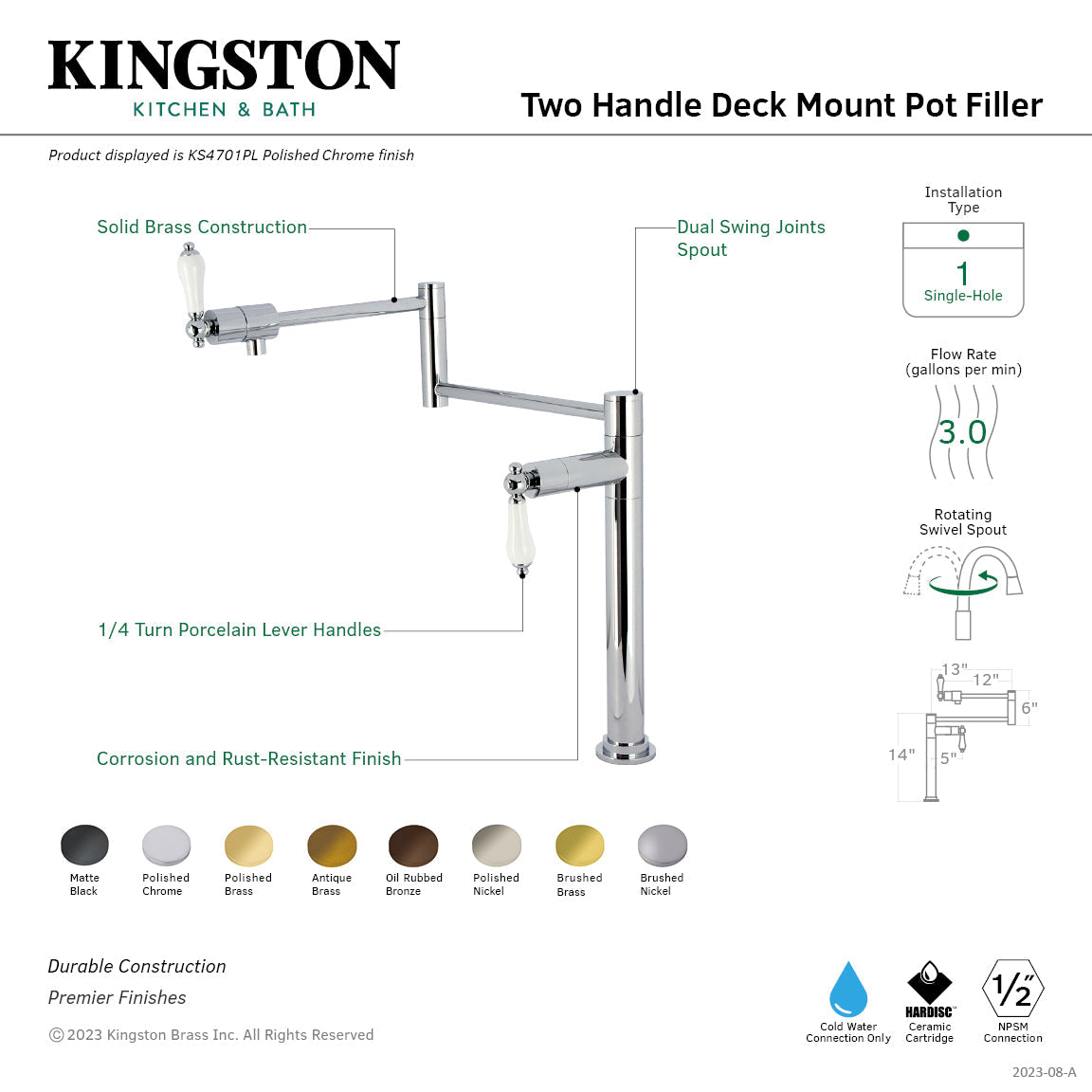 Metropolitan KS4702PL Single-Hole Deck Mount Pot Filler, Polished Brass