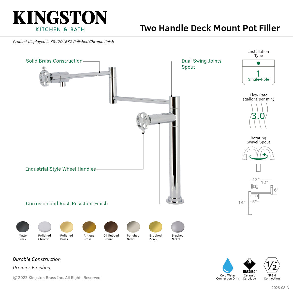 Wendell KS4702RKZ Two-Handle 1-Hole Deck Mount Pot Filler Faucet with Knurled Handle, Polished Brass