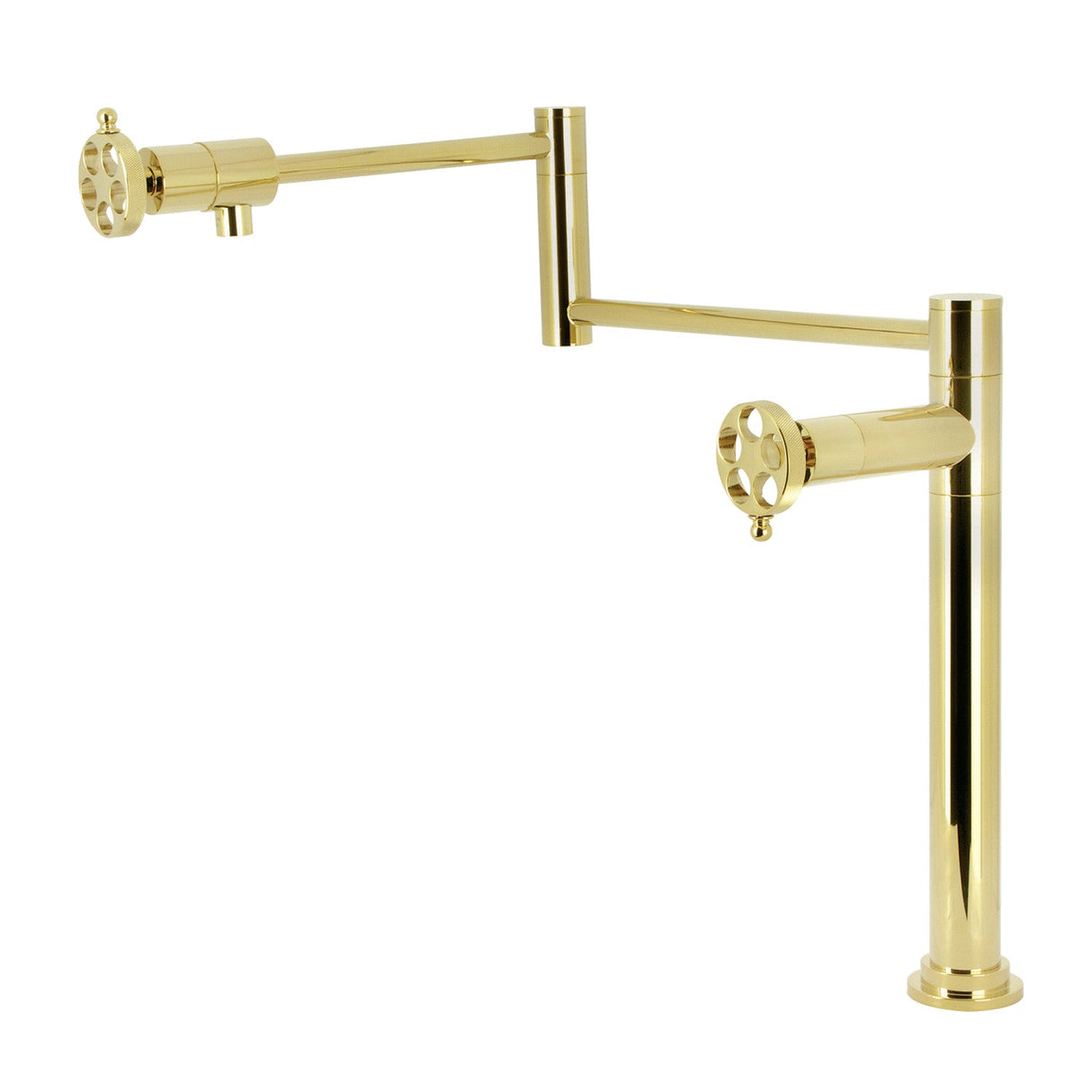 Wendell KS4702RKZ Two-Handle 1-Hole Deck Mount Pot Filler Faucet with Knurled Handle, Polished Brass