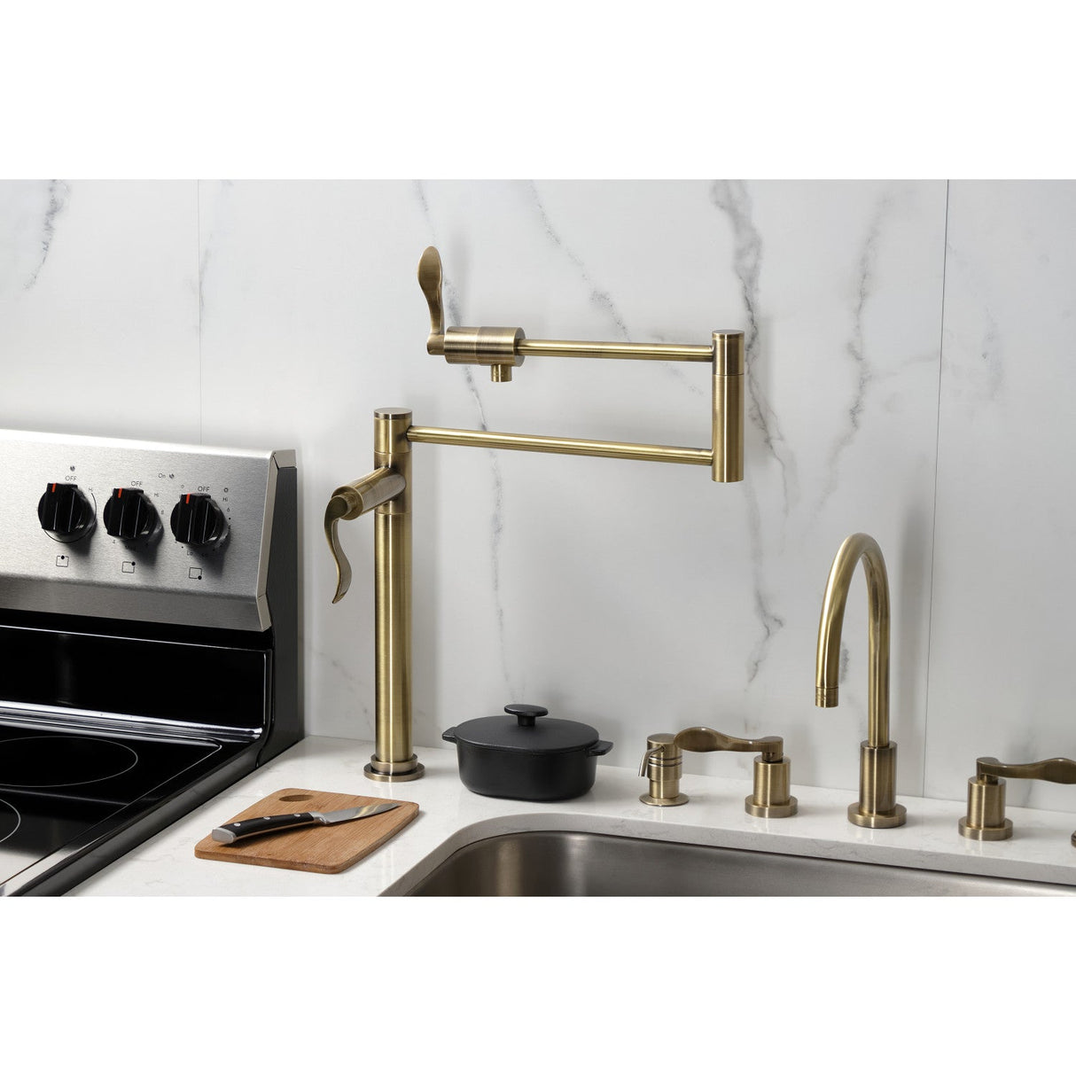 NuWave KS4703DFL Single-Hole Deck Mount Pot Filler, Antique Brass