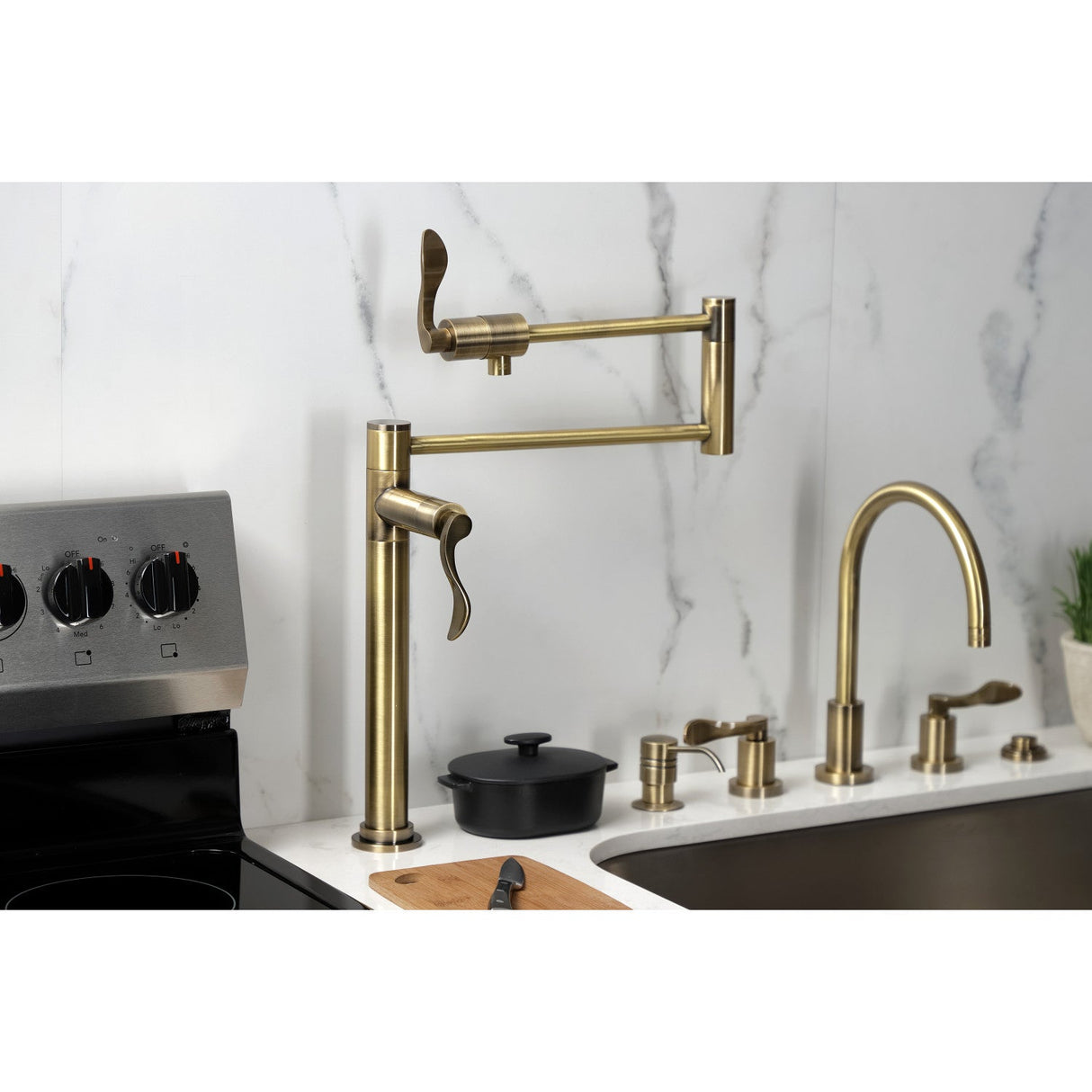 NuWave KS4703DFL Single-Hole Deck Mount Pot Filler, Antique Brass