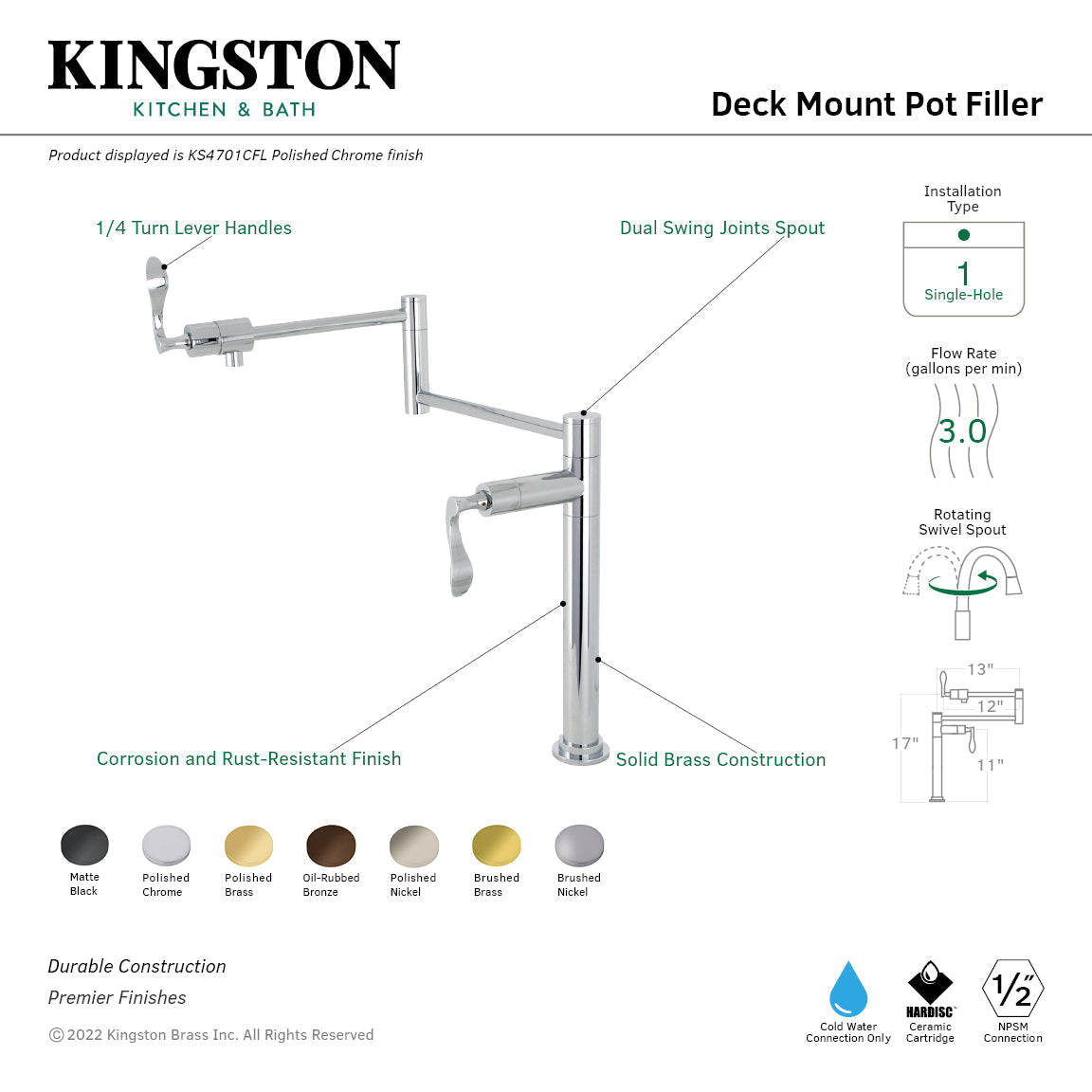Century KS4705CFL Single-Hole Deck Mount Pot Filler, Oil Rubbed Bronze