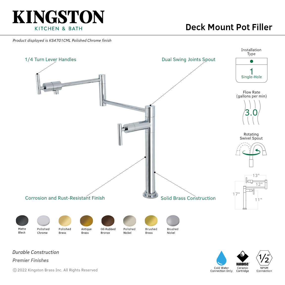 Manhattan KS4705CML Single-Hole Deck Mount Pot Filler, Oil Rubbed Bronze