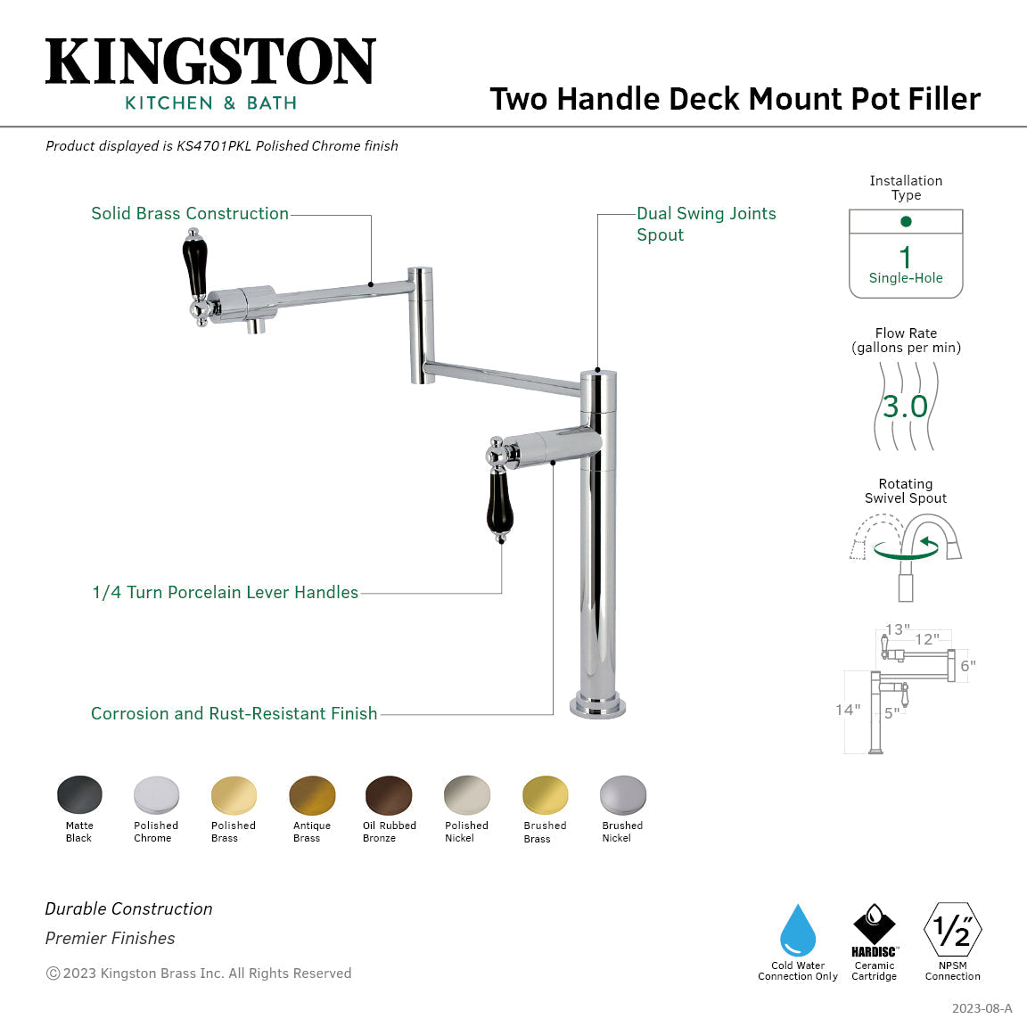 Duchess KS4705PKL Single-Hole Deck Mount Pot Filler, Oil Rubbed Bronze