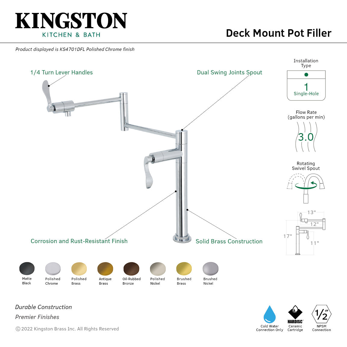 NuWave KS4706DFL Single-Hole Deck Mount Pot Filler, Polished Nickel