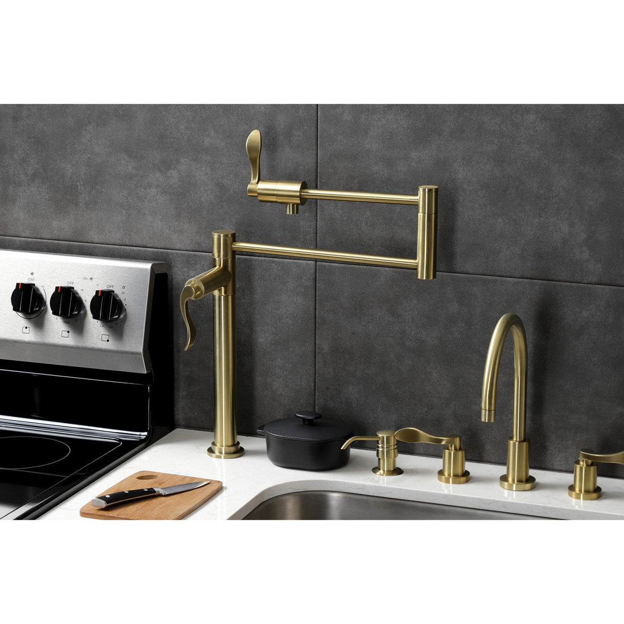 NuWave KS4707DFL Single-Hole Deck Mount Pot Filler, Brushed Brass