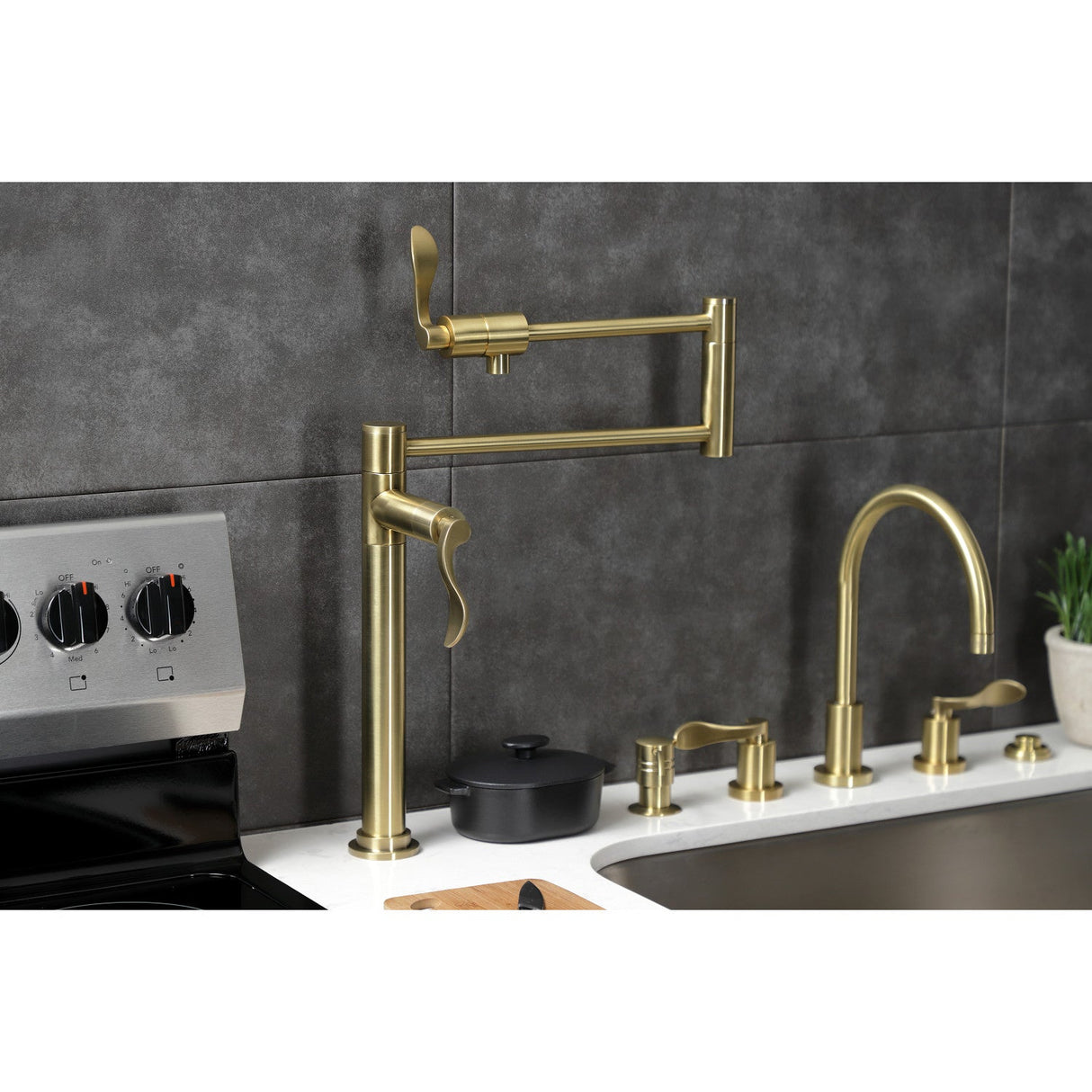 NuWave KS4707DFL Single-Hole Deck Mount Pot Filler, Brushed Brass