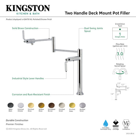 Whitaker KS4707KL Two-Handle Deck Mount Pot Filler, Brushed Brass