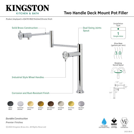 Wendell KS4707RKZ Two-Handle 1-Hole Deck Mount Pot Filler Faucet with Knurled Handle, Brushed Brass
