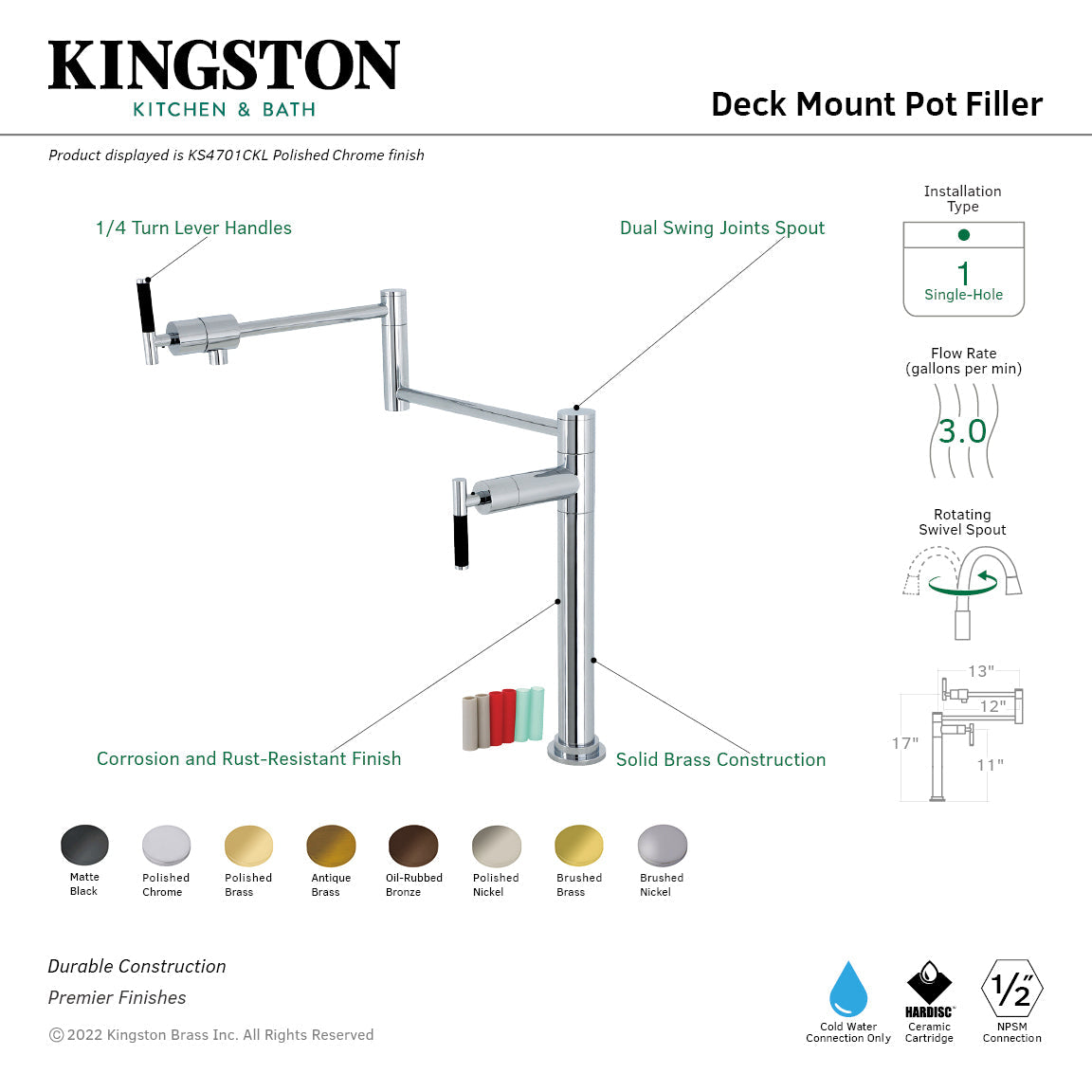 Kaiser KS4708CKL Single-Hole Deck Mount Pot Filler, Brushed Nickel