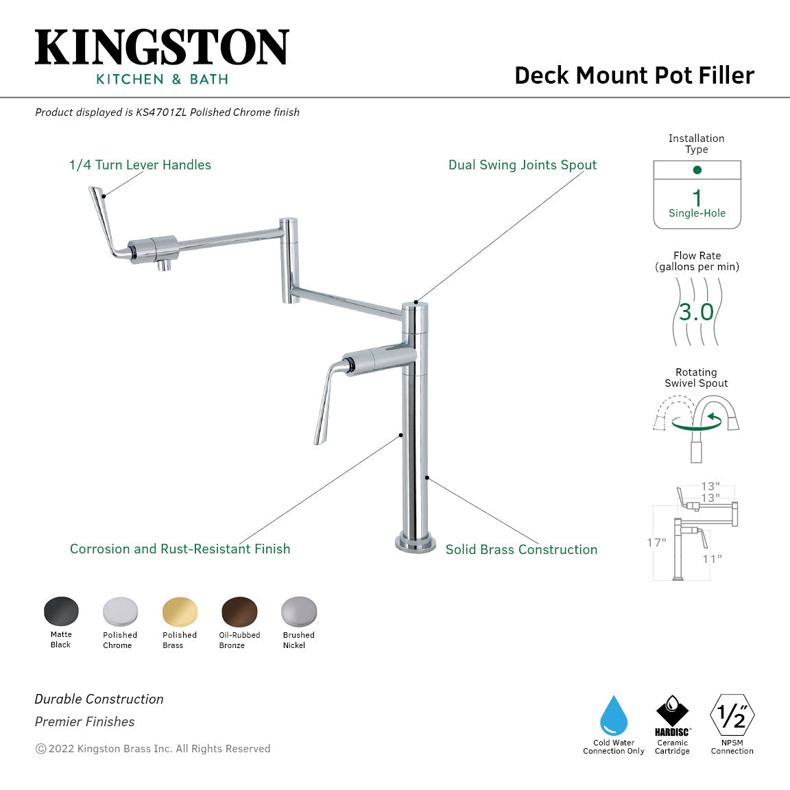 Silver Sage KS4708ZL Single-Hole Deck Mount Pot Filler, Brushed Nickel