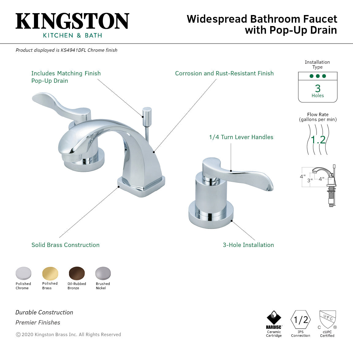 NuWave KS4941DFL Two-Handle 3-Hole Deck Mount Widespread Bathroom Faucet with Brass Pop-Up, Polished Chrome