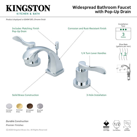 NuWave KS4941DFL Two-Handle 3-Hole Deck Mount Widespread Bathroom Faucet with Brass Pop-Up, Polished Chrome