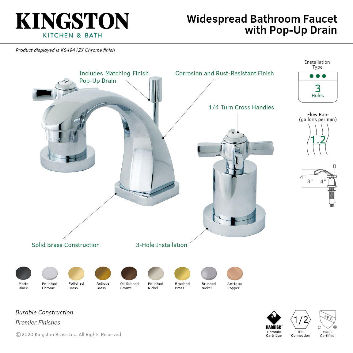 Millennium KS4941ZX Two-Handle 3-Hole Deck Mount Widespread Bathroom Faucet with Brass Pop-Up, Polished Chrome