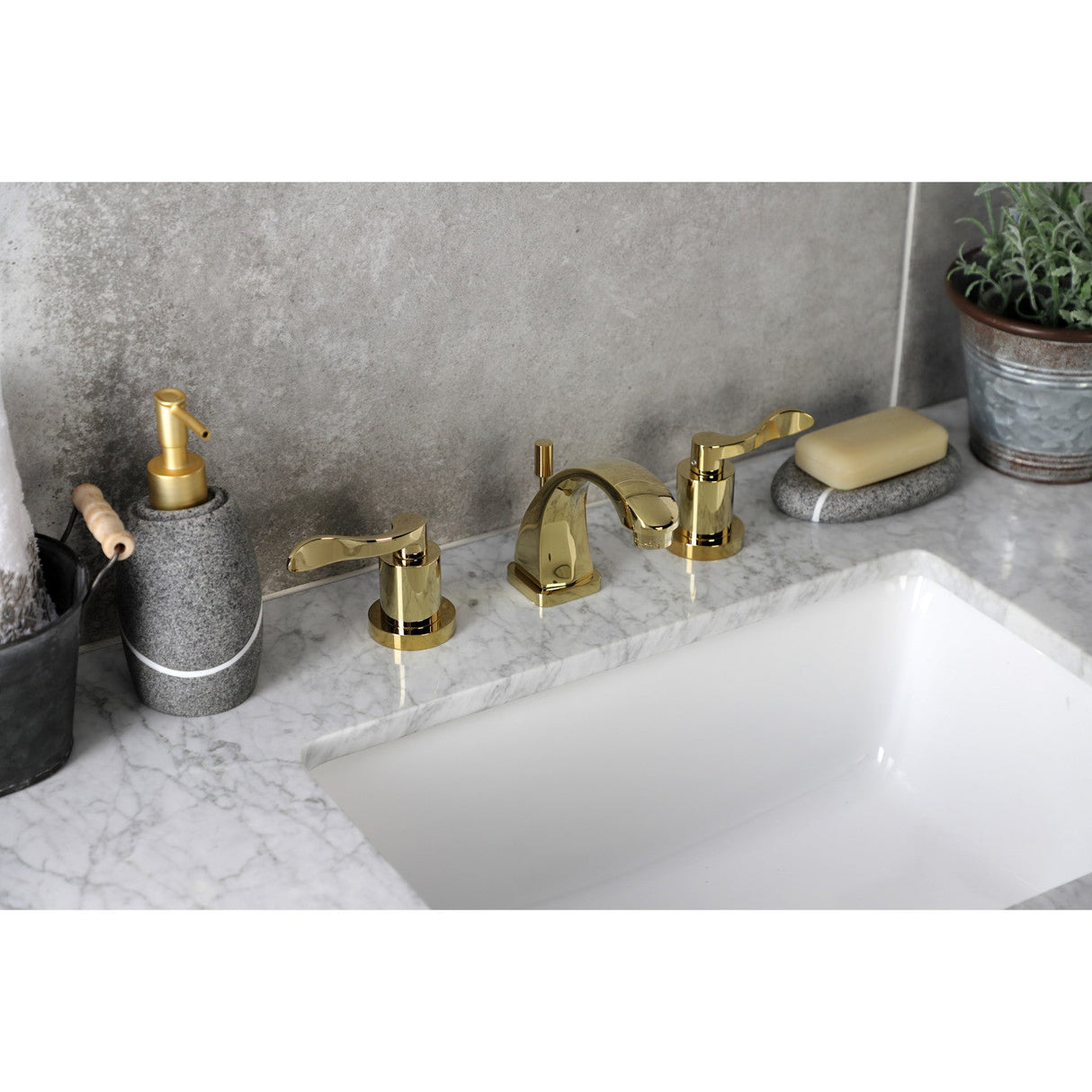 NuWave KS4942DFL Two-Handle 3-Hole Deck Mount Widespread Bathroom Faucet with Brass Pop-Up, Polished Brass