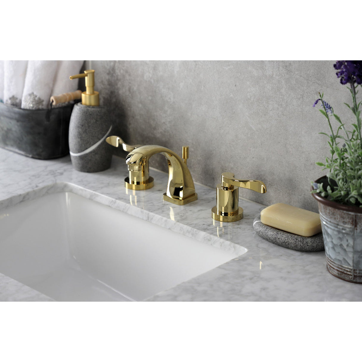 NuWave KS4942DFL Two-Handle 3-Hole Deck Mount Widespread Bathroom Faucet with Brass Pop-Up, Polished Brass