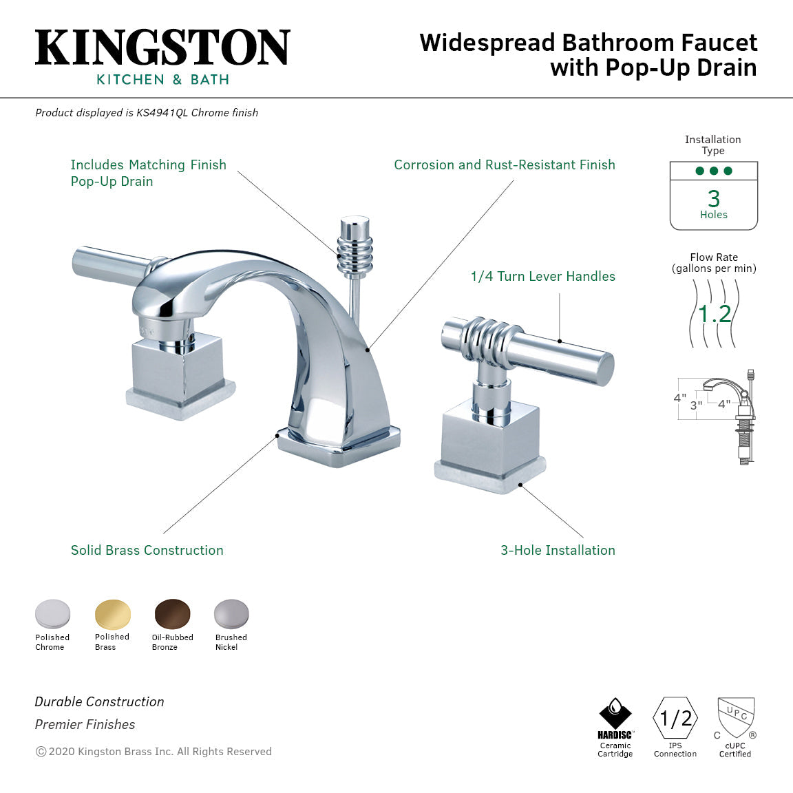 Milano KS4942QL Two-Handle 3-Hole Deck Mount Widespread Bathroom Faucet with Brass Pop-Up, Polished Brass