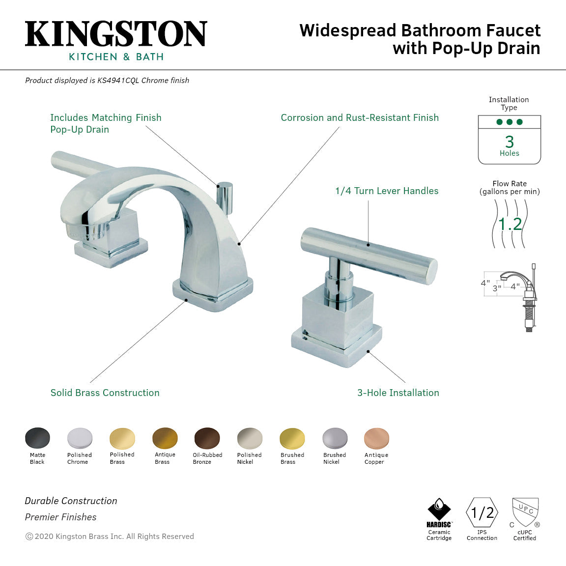 Claremont KS4945CQL Two-Handle 3-Hole Deck Mount Widespread Bathroom Faucet with Brass Pop-Up, Oil Rubbed Bronze