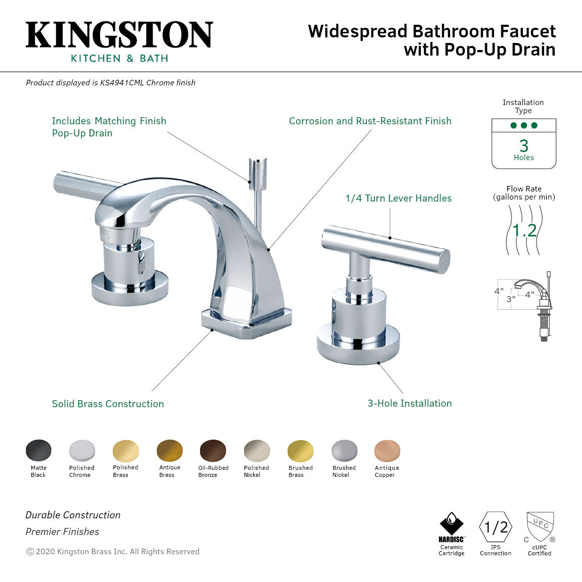 Manhattan KS4946CML Two-Handle 3-Hole Deck Mount Widespread Bathroom Faucet with Brass Pop-Up, Polished Nickel