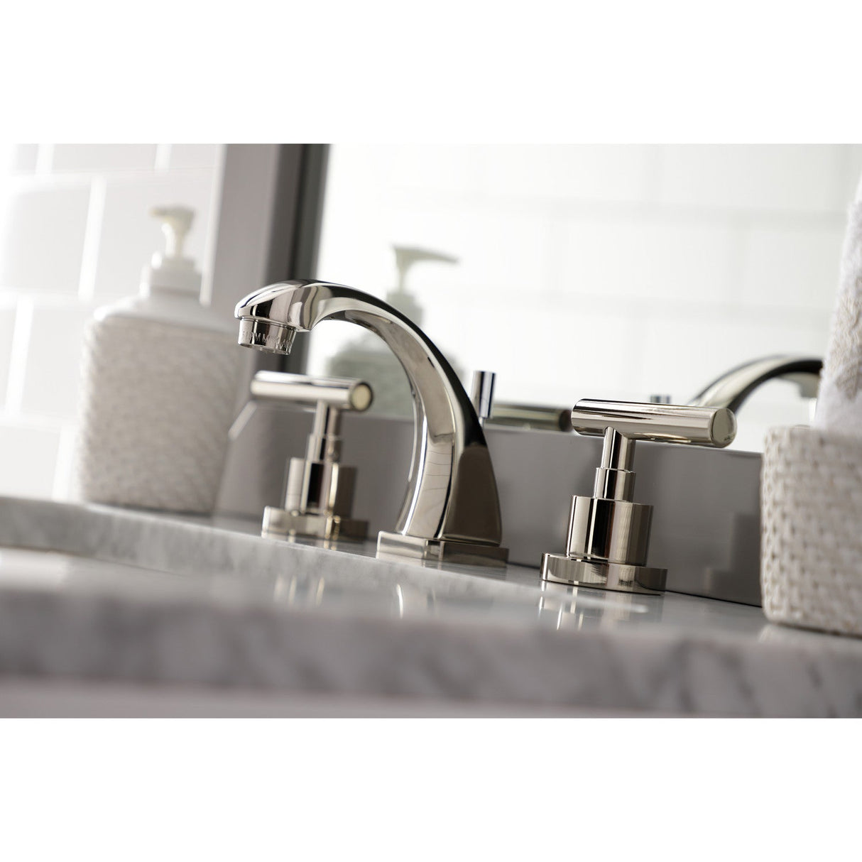 Manhattan KS4946CML Two-Handle 3-Hole Deck Mount Widespread Bathroom Faucet with Brass Pop-Up, Polished Nickel