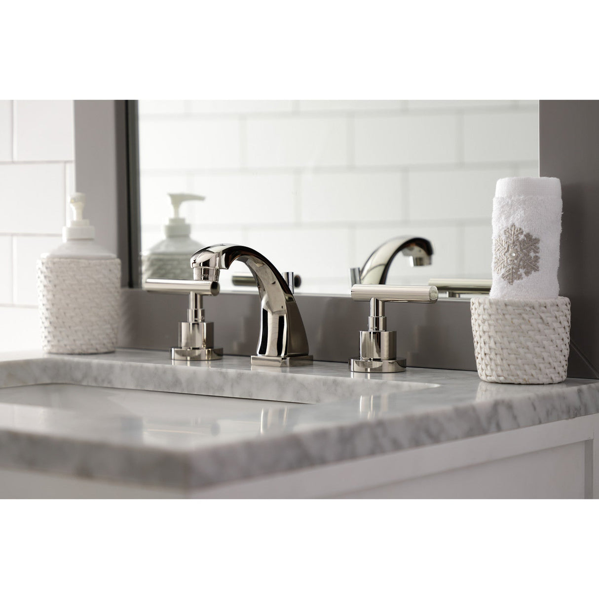 Manhattan KS4946CML Two-Handle 3-Hole Deck Mount Widespread Bathroom Faucet with Brass Pop-Up, Polished Nickel