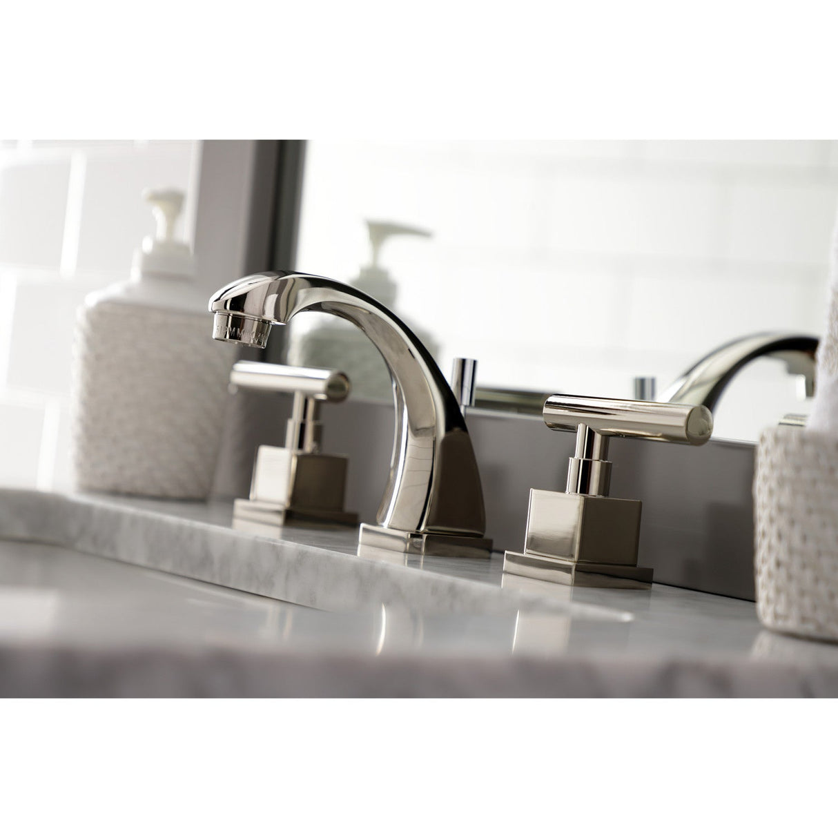 Claremont KS4946CQL Two-Handle 3-Hole Deck Mount Widespread Bathroom Faucet with Brass Pop-Up, Polished Nickel
