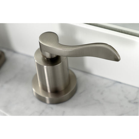 NuWave KS4948DFL Two-Handle 3-Hole Deck Mount Widespread Bathroom Faucet with Brass Pop-Up, Brushed Nickel