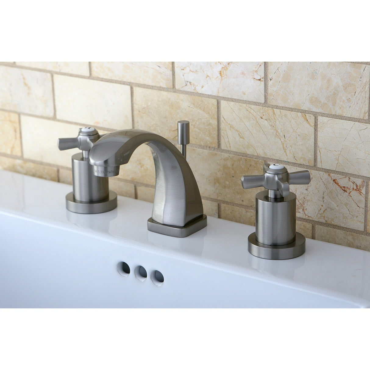 Millennium KS4948ZX Two-Handle 3-Hole Deck Mount Widespread Bathroom Faucet with Brass Pop-Up, Brushed Nickel