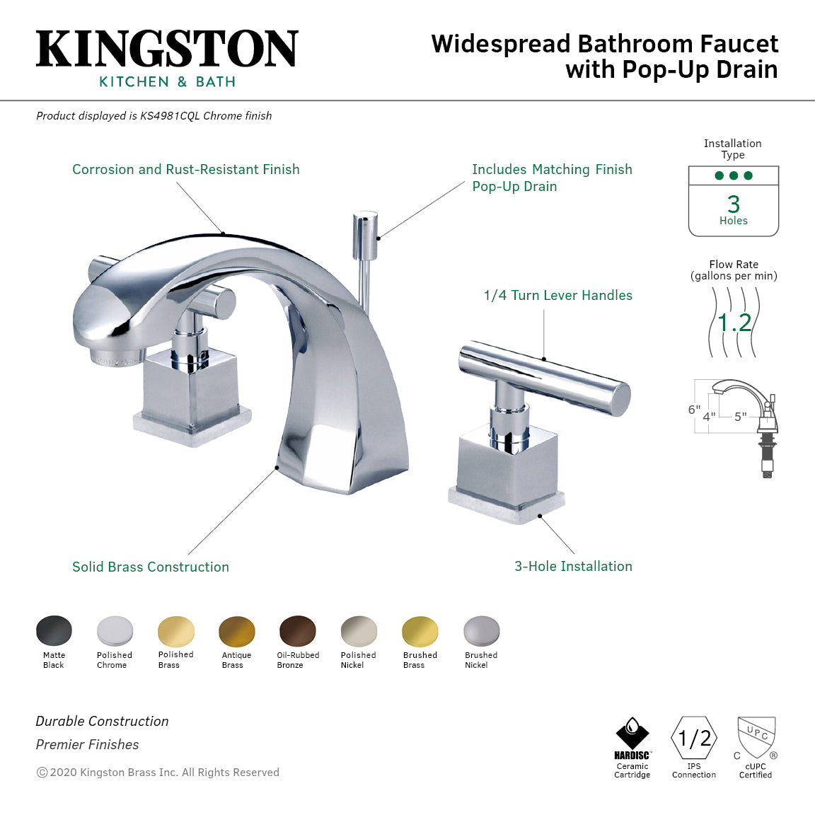 Claremont KS4980CQL Two-Handle 3-Hole Deck Mount Widespread Bathroom Faucet with Brass Pop-Up, Matte Black