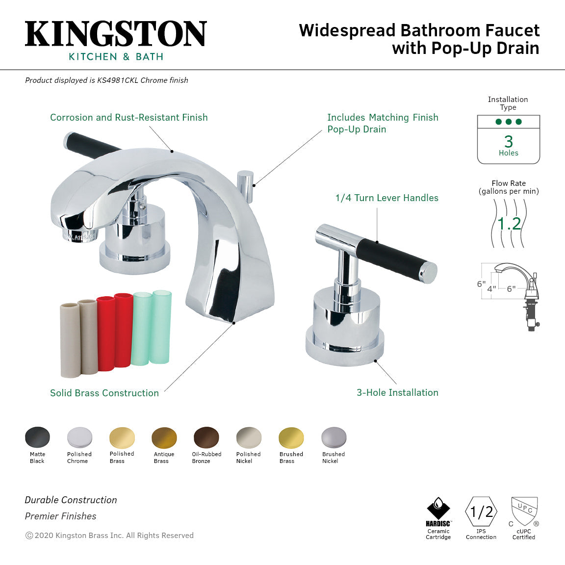 Kaiser KS4982CKL Two-Handle Deck Mount Widespread Bathroom Faucet with Brass Pop-Up, Polished Brass