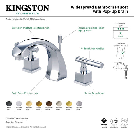 Claremont KS4982CQL Two-Handle 3-Hole Deck Mount Widespread Bathroom Faucet with Brass Pop-Up, Polished Brass