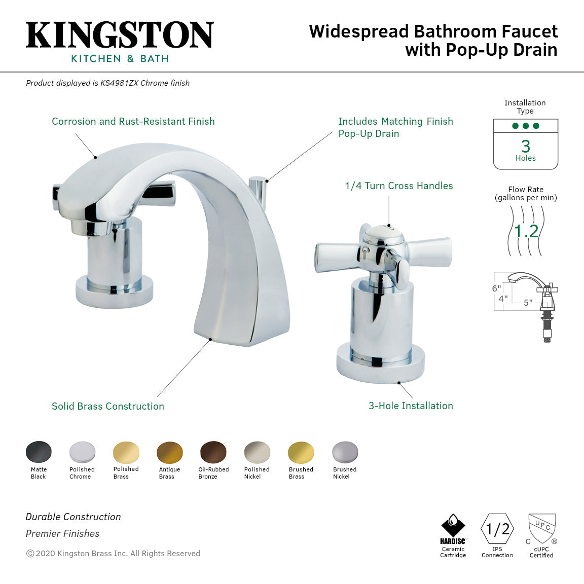 Millennium KS4982ZX Two-Handle 3-Hole Deck Mount Widespread Bathroom Faucet with Brass Pop-Up, Polished Brass