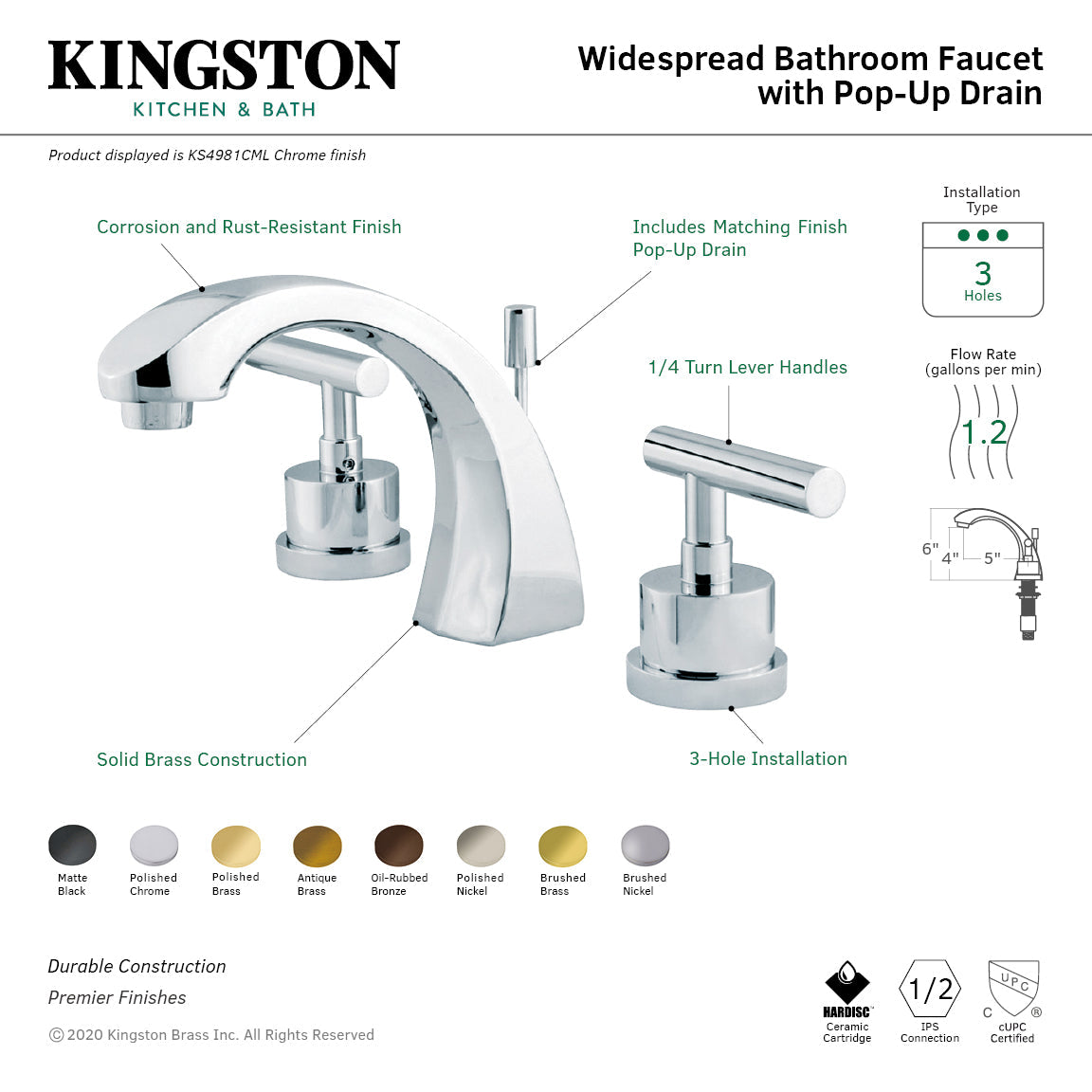 Manhattan KS4983CML Two-Handle 3-Hole Deck Mount Widespread Bathroom Faucet with Brass Pop-Up, Antique Brass