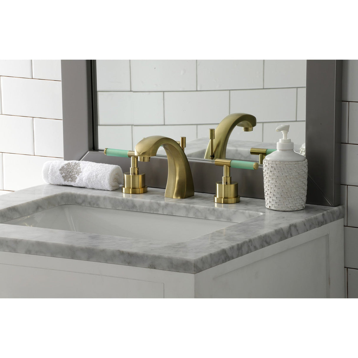 Kaiser KS4987CKL Two-Handle Deck Mount Widespread Bathroom Faucet with Brass Pop-Up, Brushed Brass