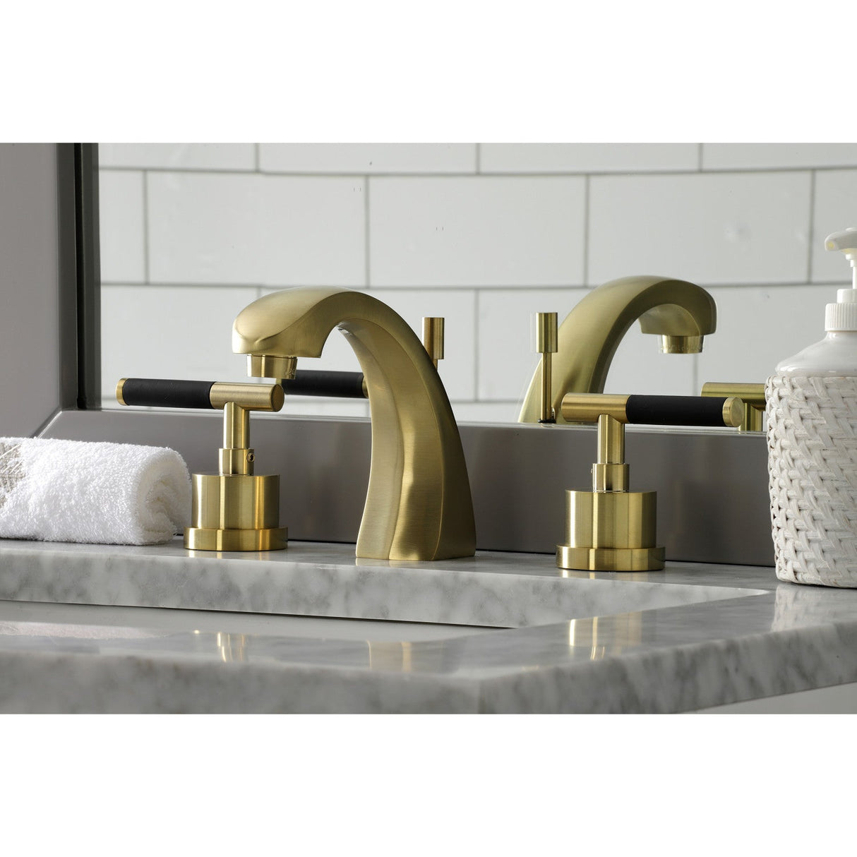 Kaiser KS4987CKL Two-Handle Deck Mount Widespread Bathroom Faucet with Brass Pop-Up, Brushed Brass