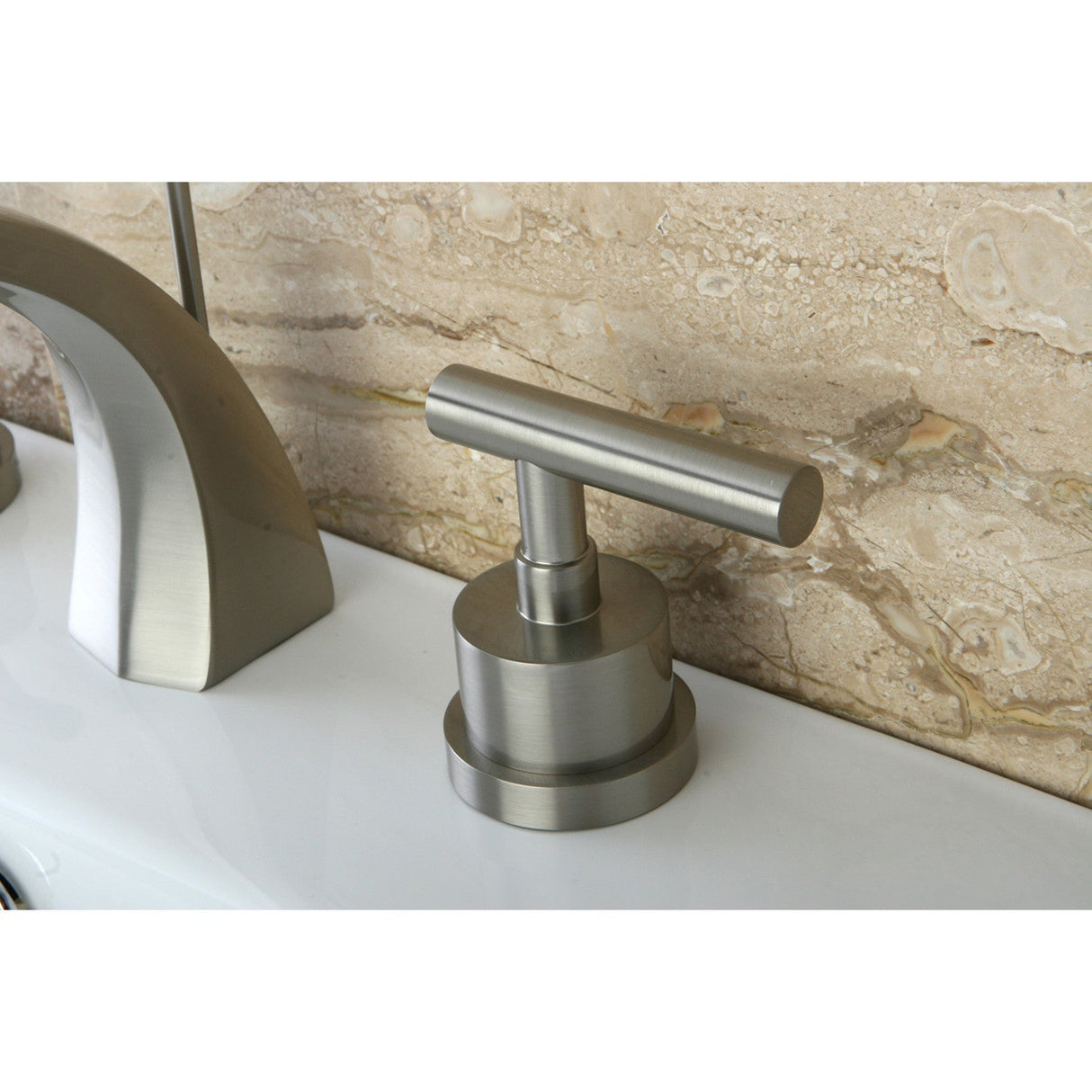 Manhattan KS4988CML Two-Handle 3-Hole Deck Mount Widespread Bathroom Faucet with Brass Pop-Up, Brushed Nickel