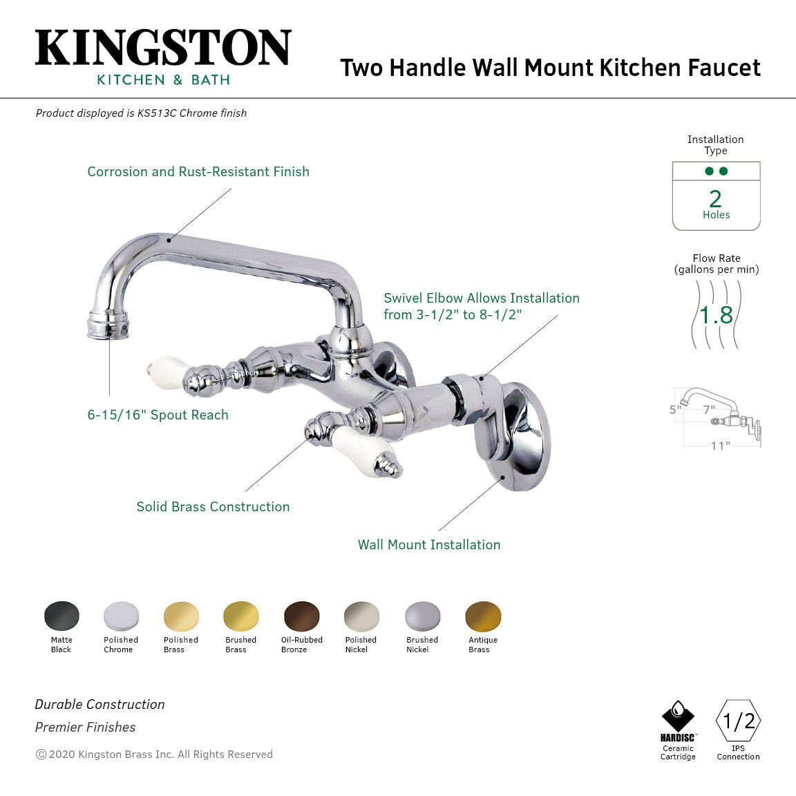 Kingston KS513C Two-Handle 2-Hole Wall Mount Kitchen Faucet, Polished Chrome