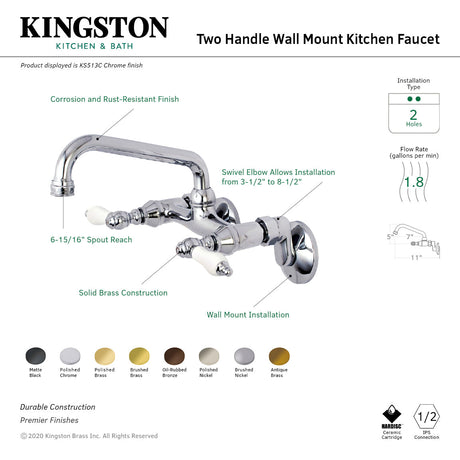 Kingston KS513MB Two-Handle 2-Hole Wall Mount Kitchen Faucet, Matte Black